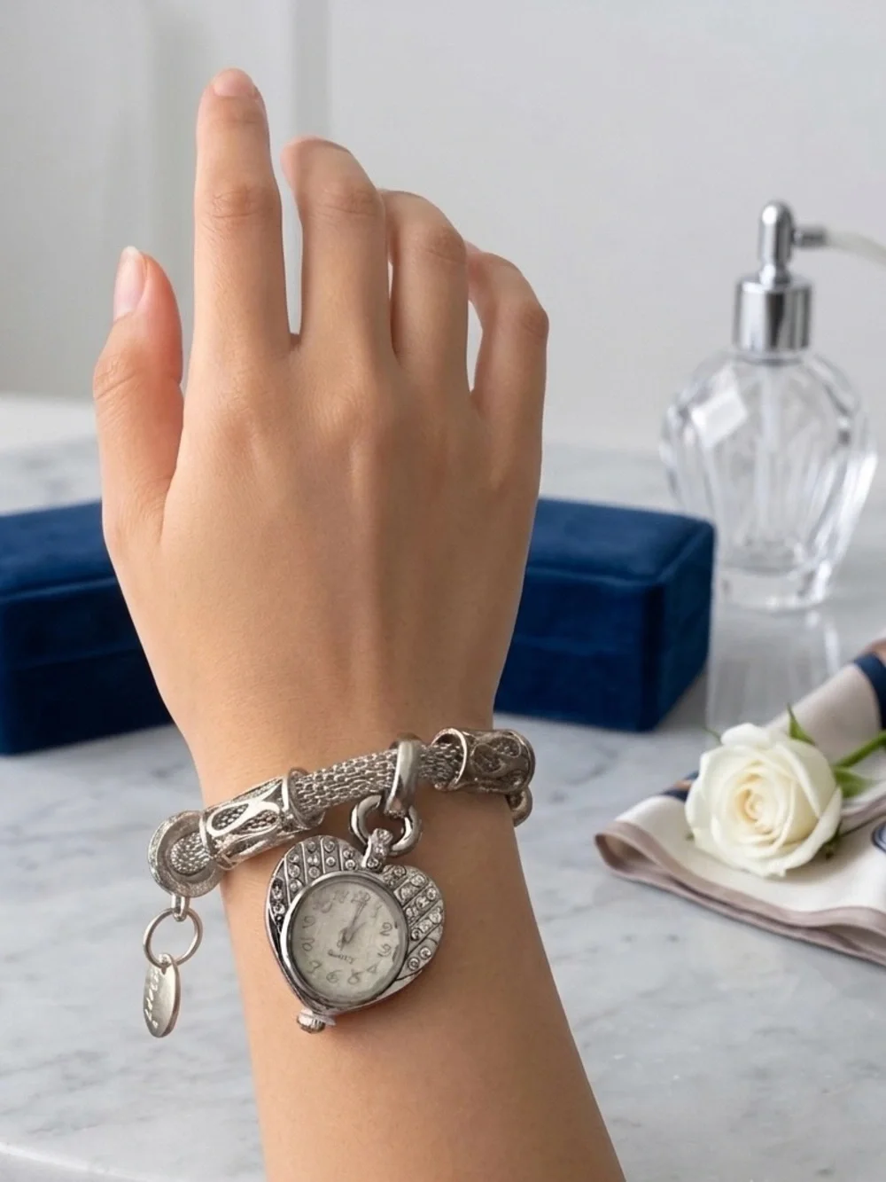 Silver Heart Charm Bracelet Watch - Women Accessories